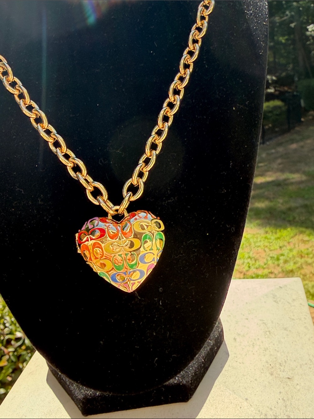 Coach Gold-Tone Link Necklace with Multicolor Enamel Heart Locket/pendant NWT - Picture 6 of 17
